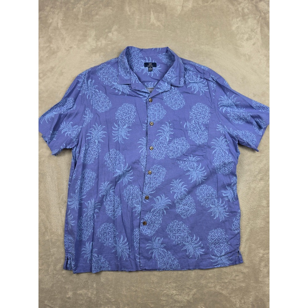 George Button Up Shirt Mens XL‎ Blue Pineapple Linen Blend Short Sleeve Tropical